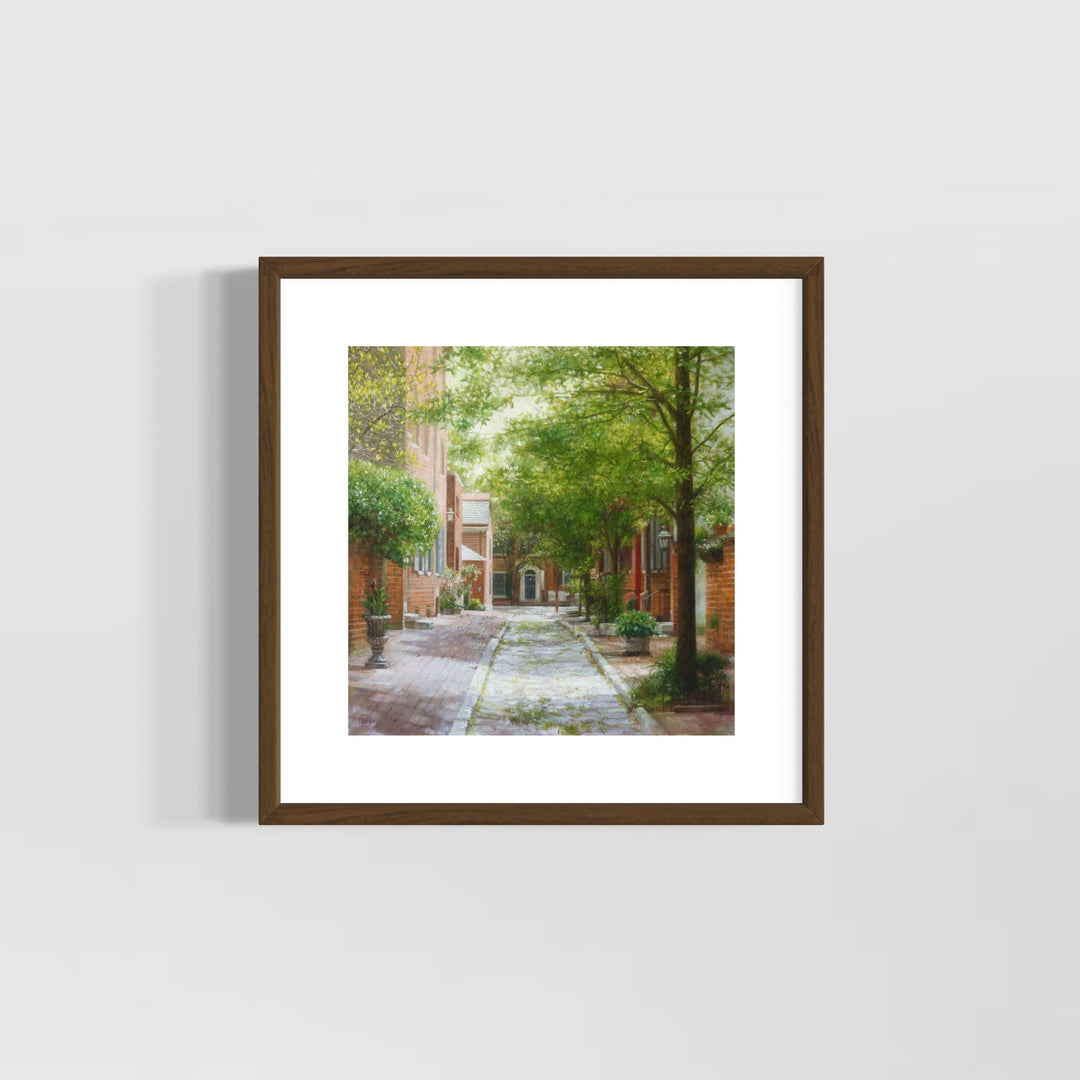 summer day shadows poking through trees philadelphia red brick stone alley way green trees and bushes potted plants in oil landscape painting