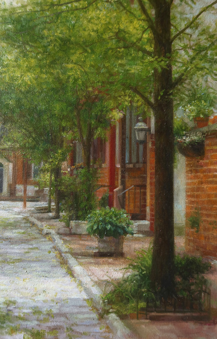 summer day shadows poking through trees philadelphia red brick stone alley way green trees and bushes potted plants in oil landscape painting