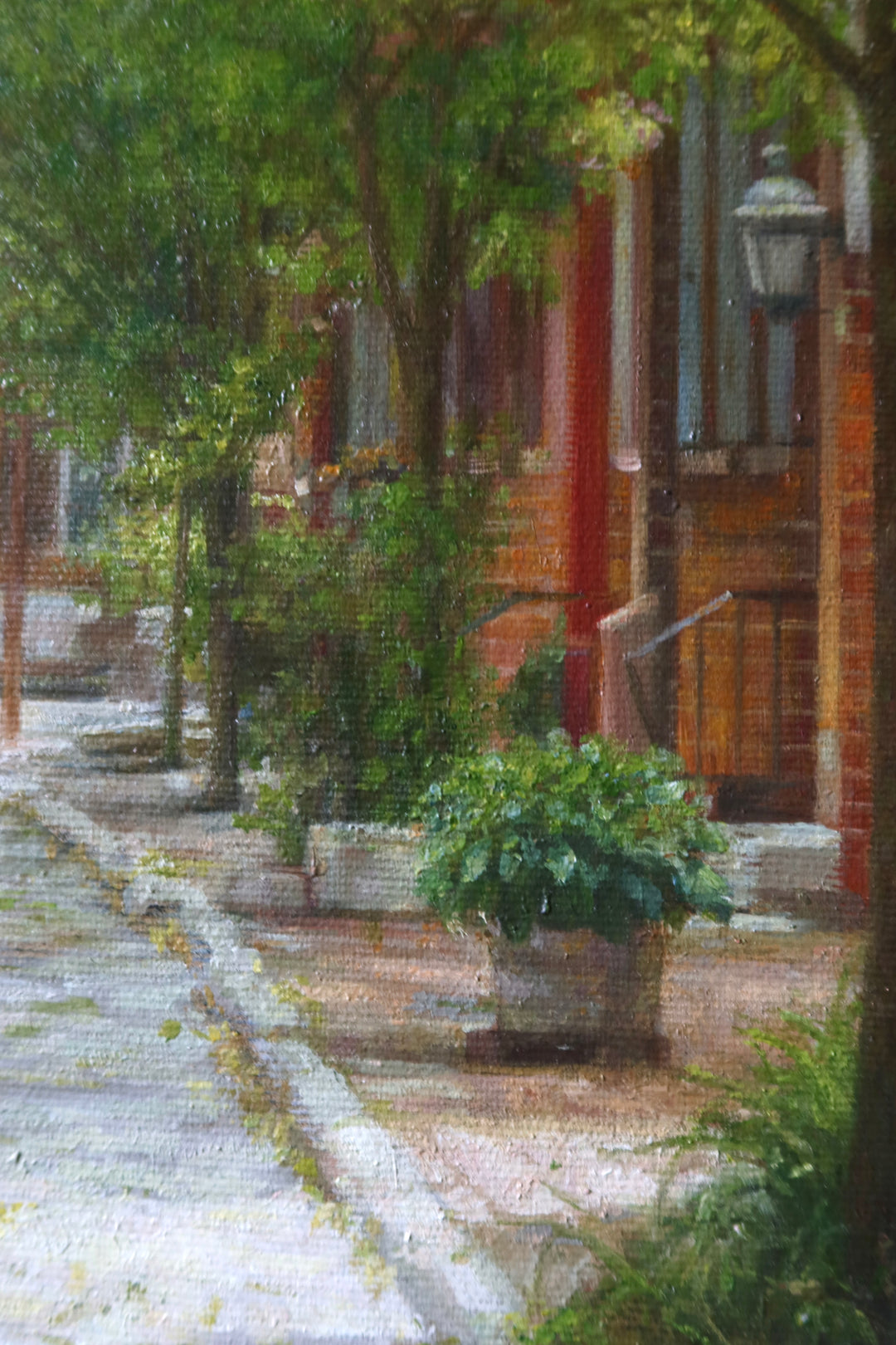 summer day shadows poking through trees philadelphia red brick stone alley way green trees and bushes potted plants in oil landscape painting
