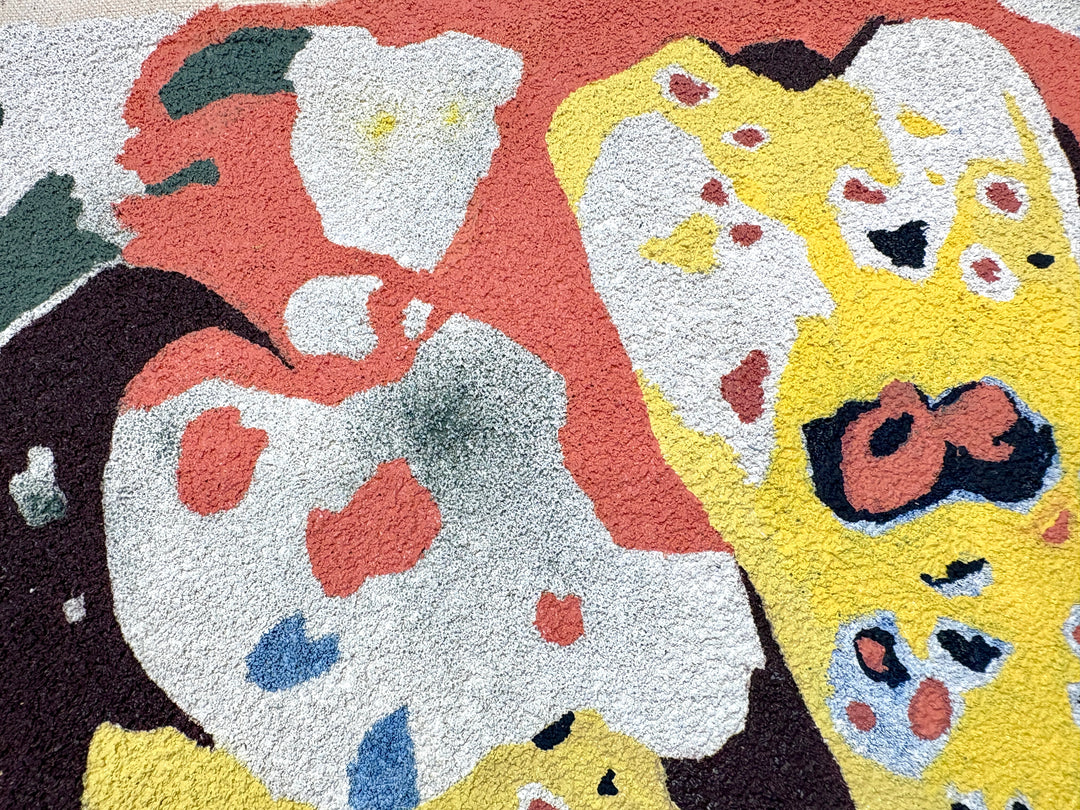 oil on pumice primed canvas abstract organic shapes gradient and opaque yellow spotted orchid flower petals with green and pink splotchy background