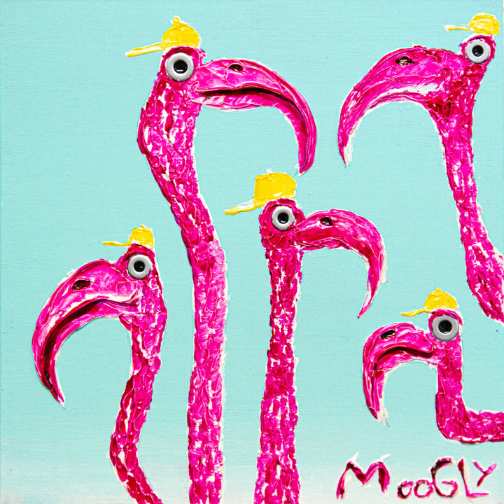 flamingos peeking into composition long pink necks with yellow hats on blue background