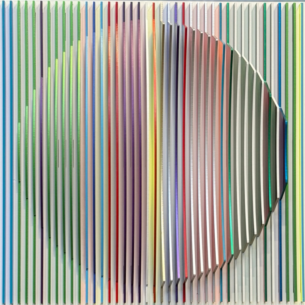 from view vertical stripes on white background in rainbow colors all convex and concave optical illusion to create circle from front, jagged from side and color more prominent