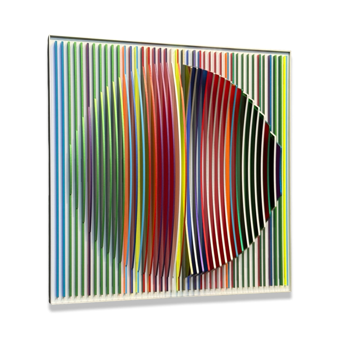 from view vertical stripes on white background in rainbow colors all convex and concave optical illusion to create circle from front, jagged from side and color more prominent