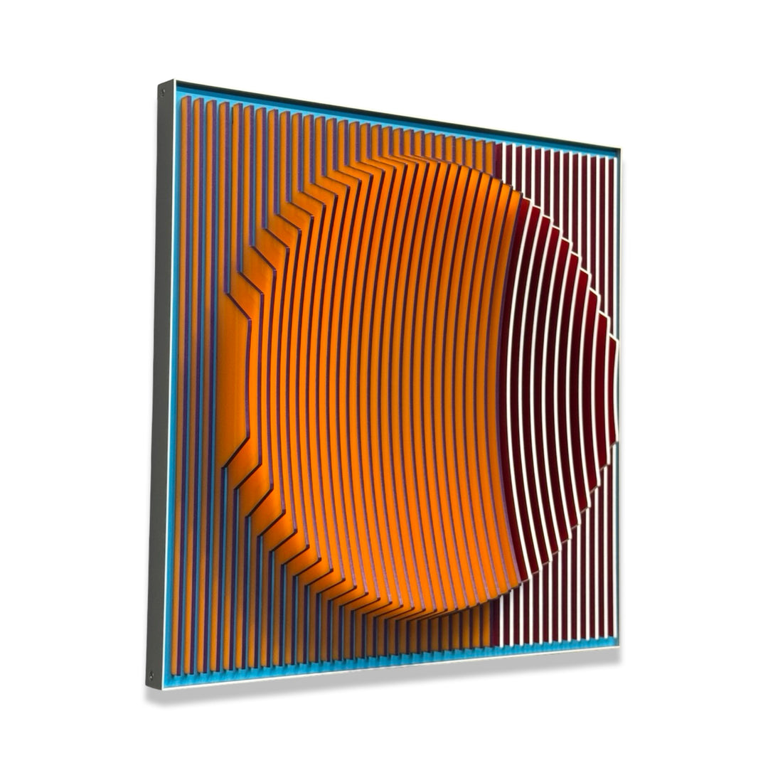 blue vertical 3 dimensional stripes with circular shape in center optical illusion convex concave sculpture when viewed straight on blue when turned to side orange