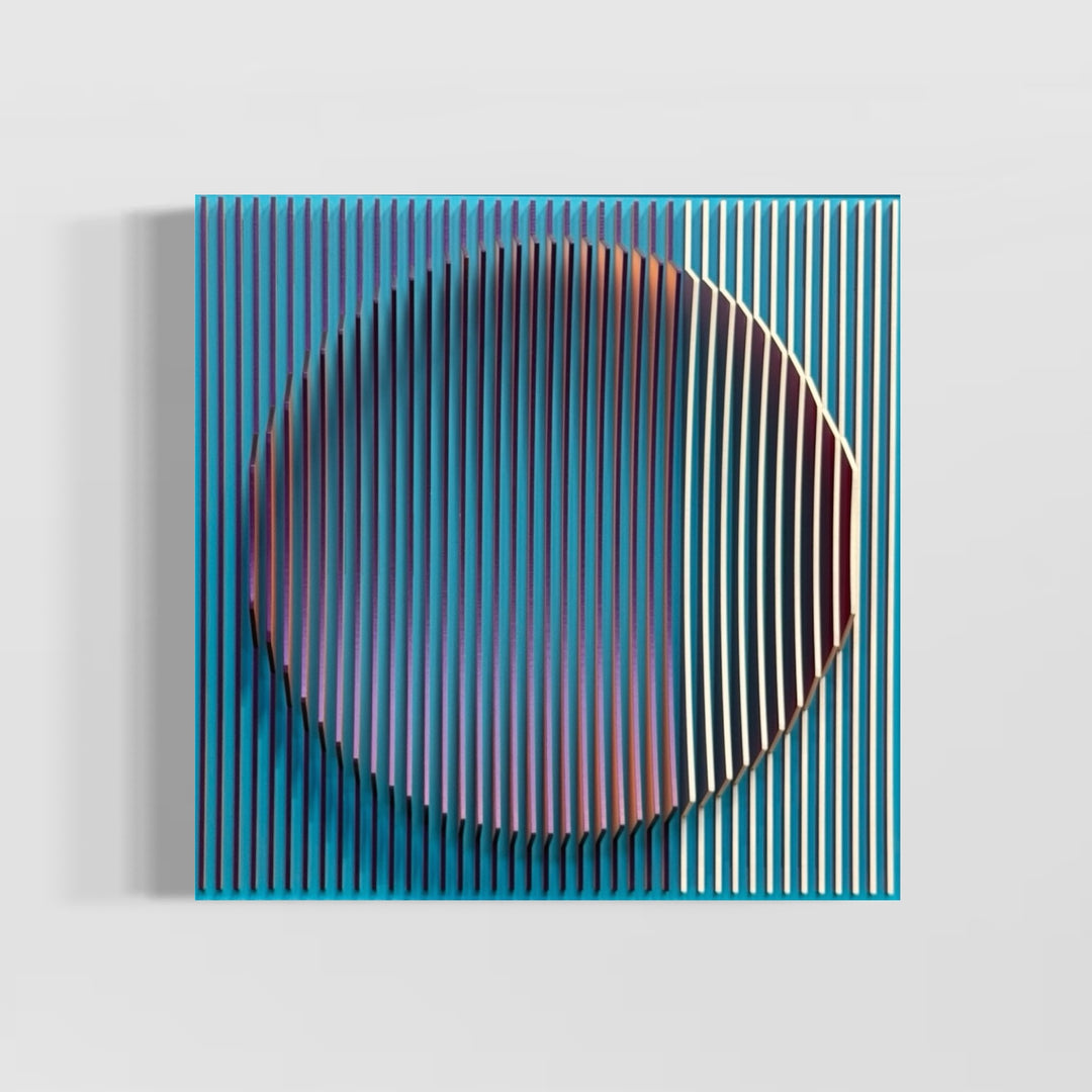 blue vertical 3 dimensional stripes with circular shape in center optical illusion convex concave sculpture when viewed straight on blue when turned to side orange