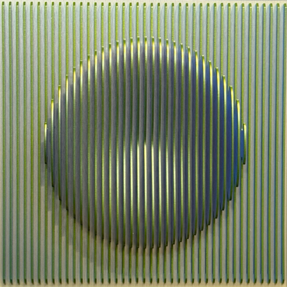 vertical green stripes with 3 dimensional circular shape emerging from center, when viewed from side ridges are blue optical illusion geometric abstraction sculpture