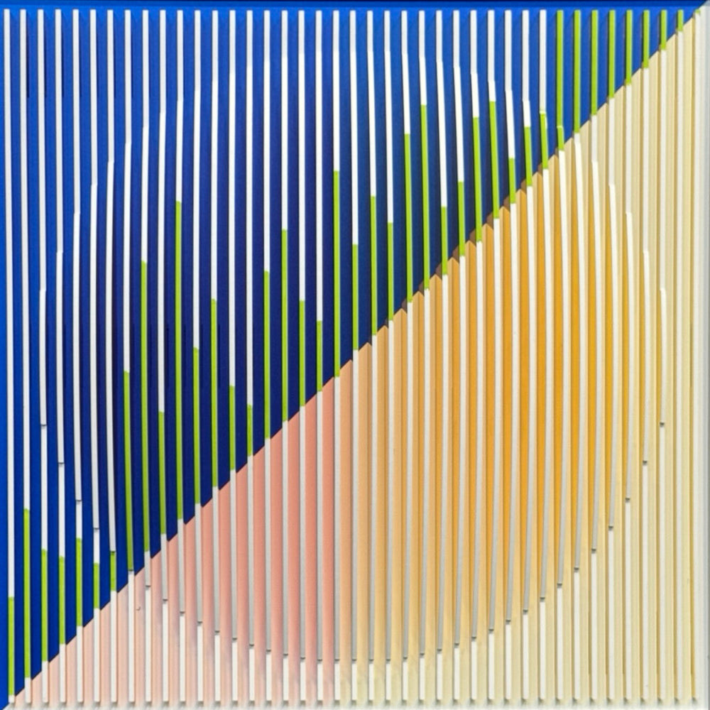 optical illusion line art sculptural plexiglass and acrylic abstract geometric wall hanging in orange pink blue and green with vertical stripes