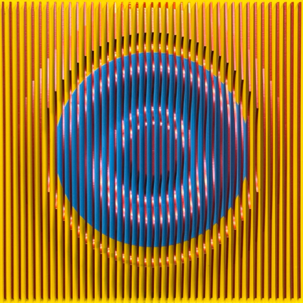 vertical stripes plexiglass abstract geometric with yellow and orange in back and pulsing round circular middle in blue when viewed at angle mostly red