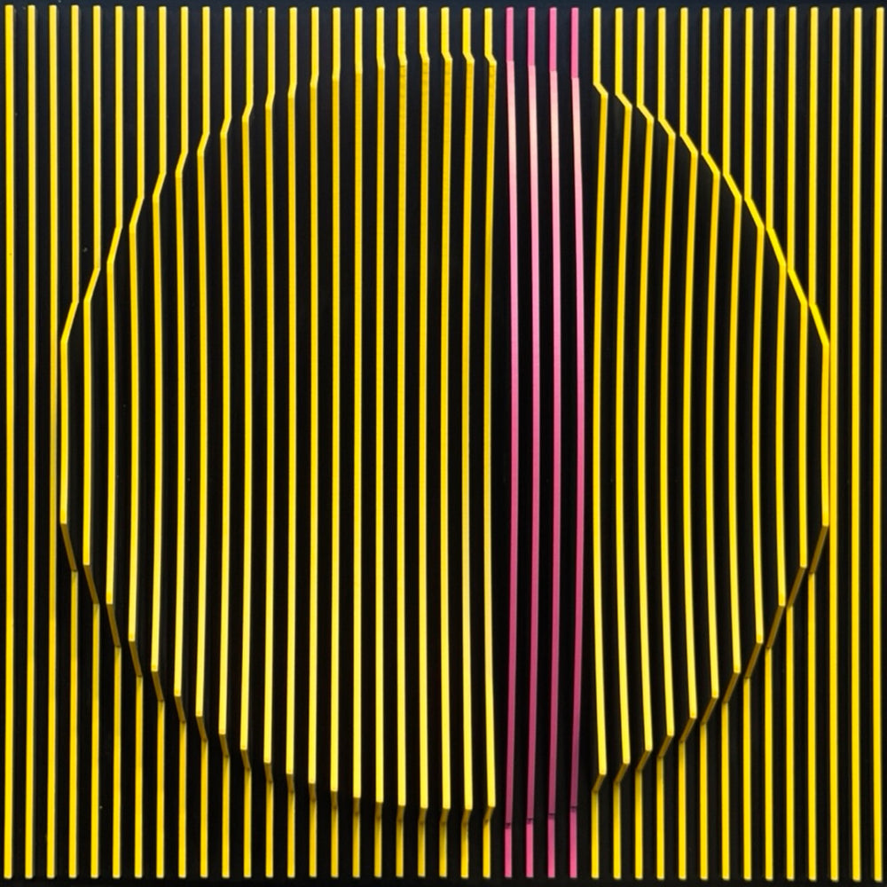 vertical stripes in black and yellow with circle in center offset optical illusion stripes with pink purple stripe down the middle