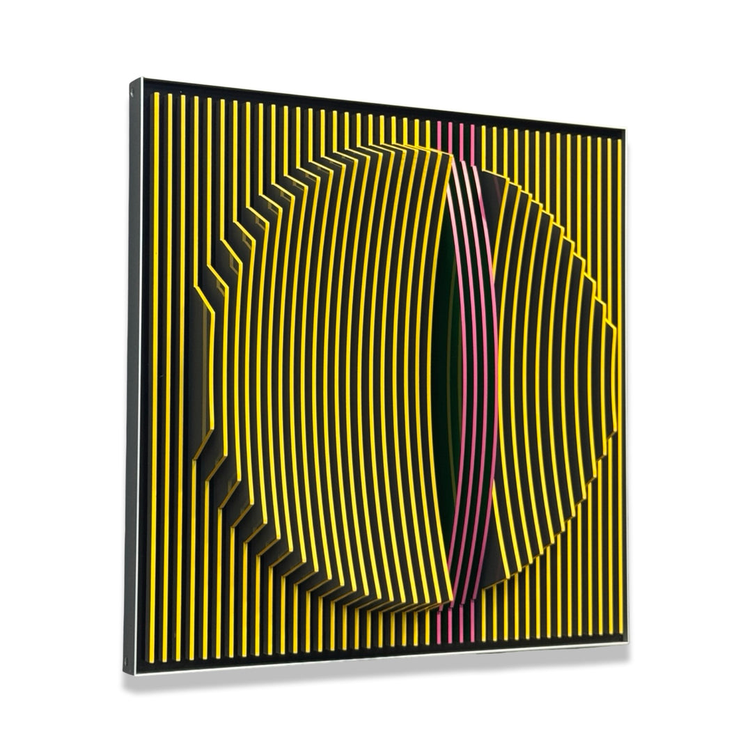 vertical stripes in black and yellow with circle in center offset optical illusion stripes with pink purple stripe down the middle