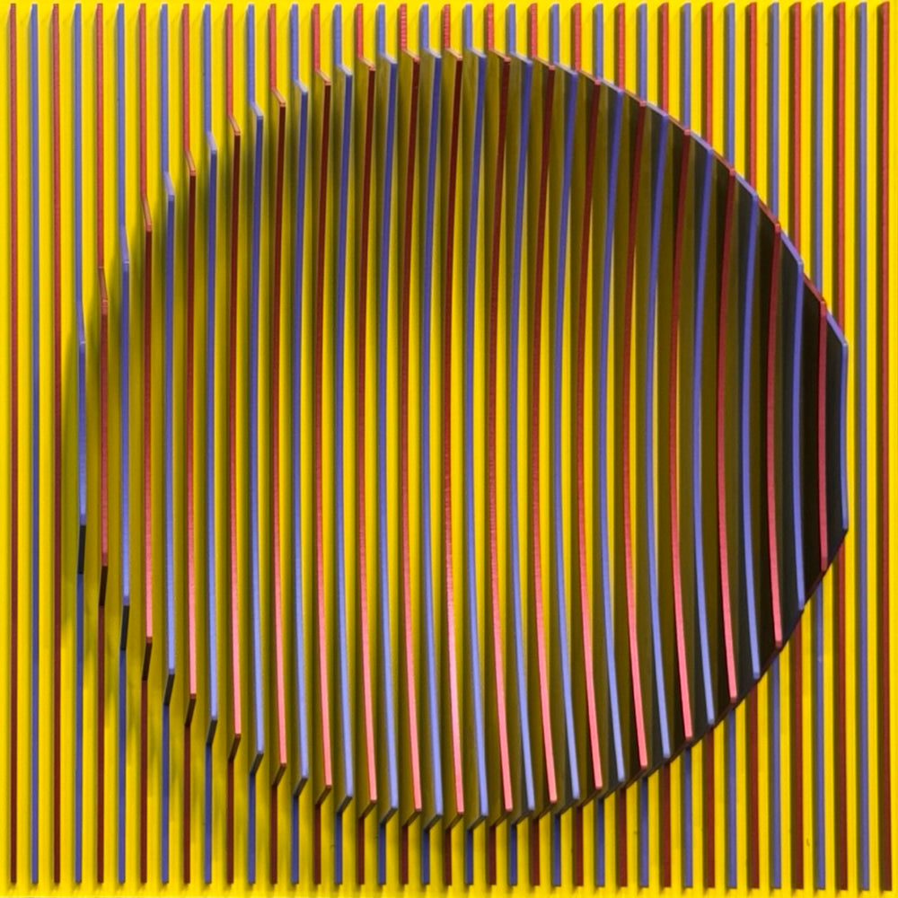geometric abstract vertical lines concave optical illusion of a circular shape in middle in yellow red and blue