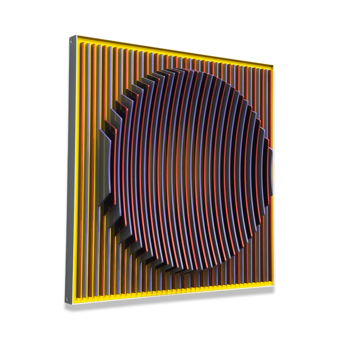 geometric abstract vertical lines concave optical illusion of a circular shape in middle in yellow red and blue