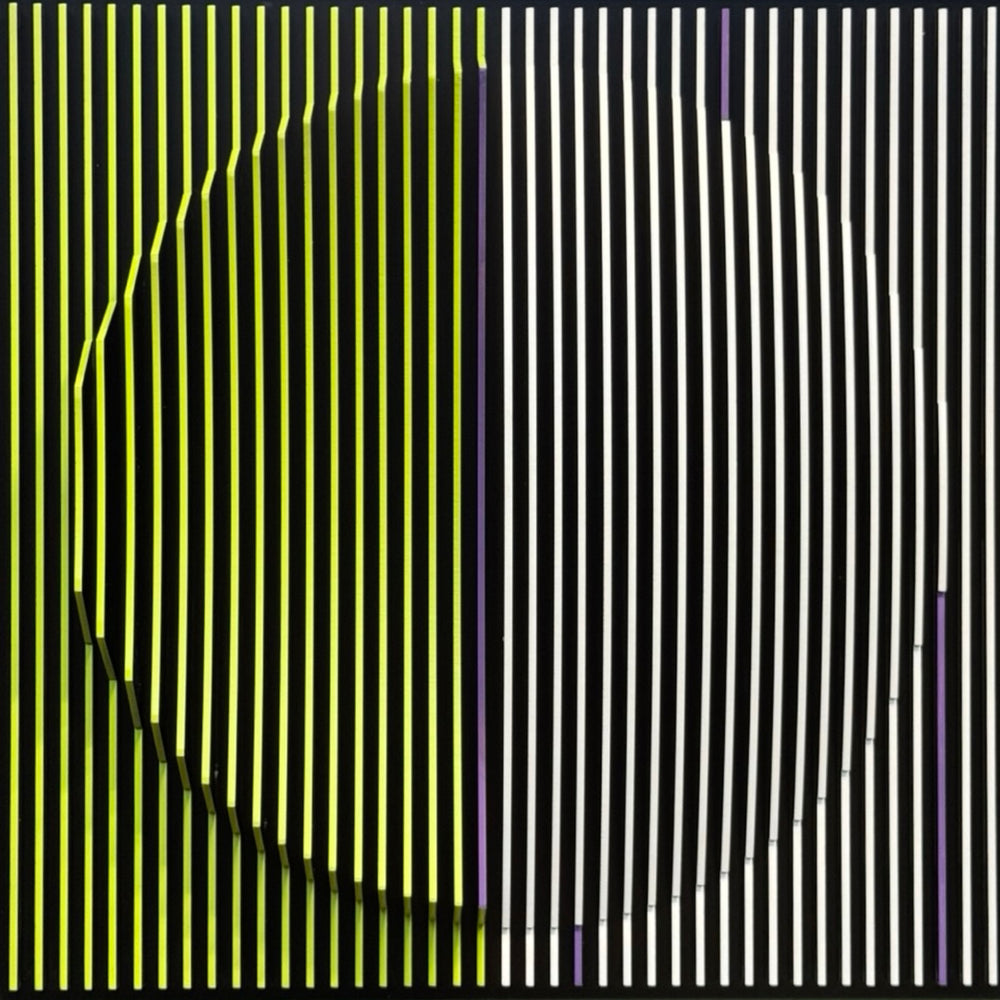 vertical stripes in black and yellow transitioning to white and black with random lines of purple optical illusion 3d texture geometric abstraction