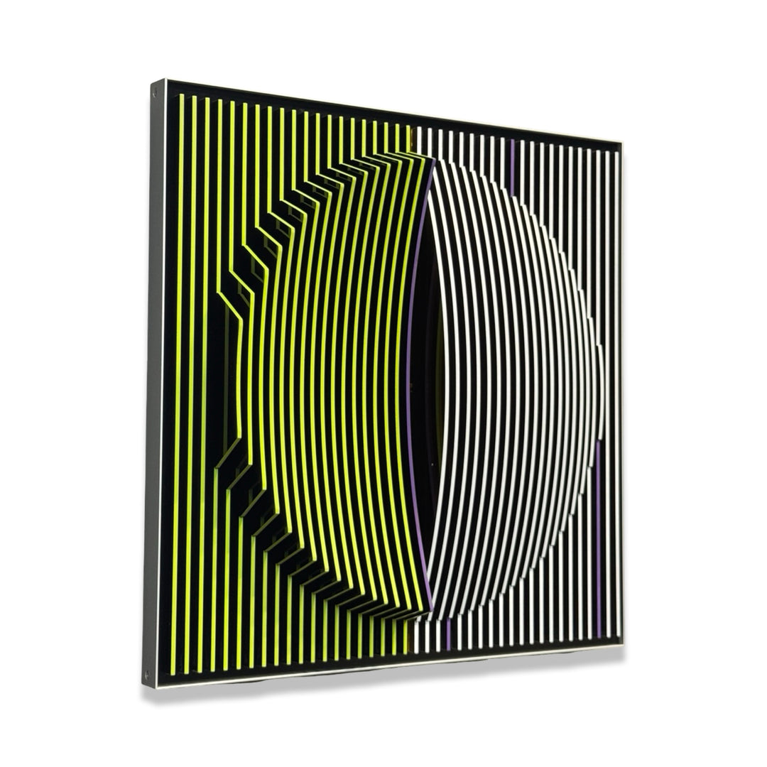 vertical stripes in black and yellow transitioning to white and black with random lines of purple optical illusion 3d texture geometric abstraction