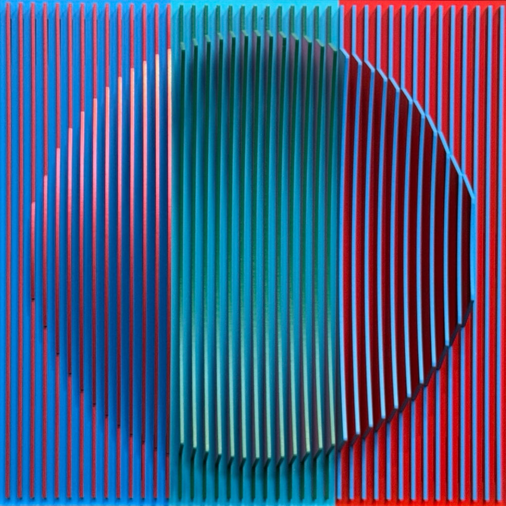 vertical stripes in three sections of color purple blue red optical mixing illusion concave convex sculptural abstract geometric modern