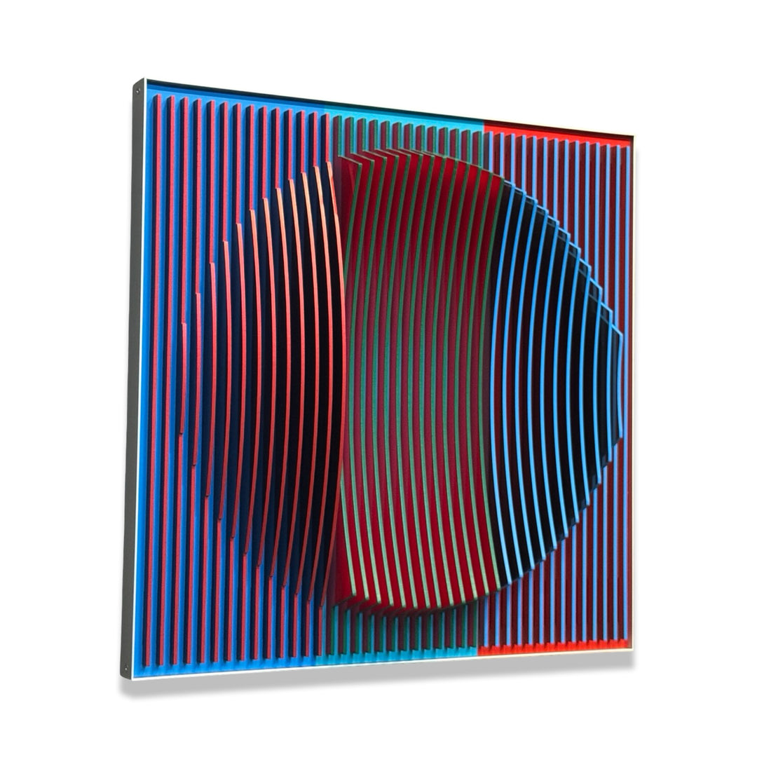vertical stripes in three sections of color purple blue red optical mixing illusion concave convex sculptural abstract geometric modern