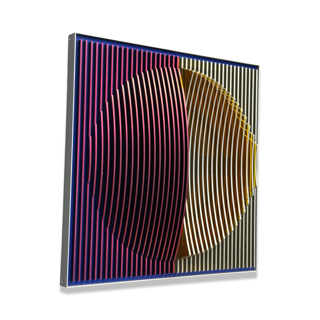 vertical stripes in purple white and navy with half convex concave sculptural circle shape coming out of center geometric abstract red and yellow from sides