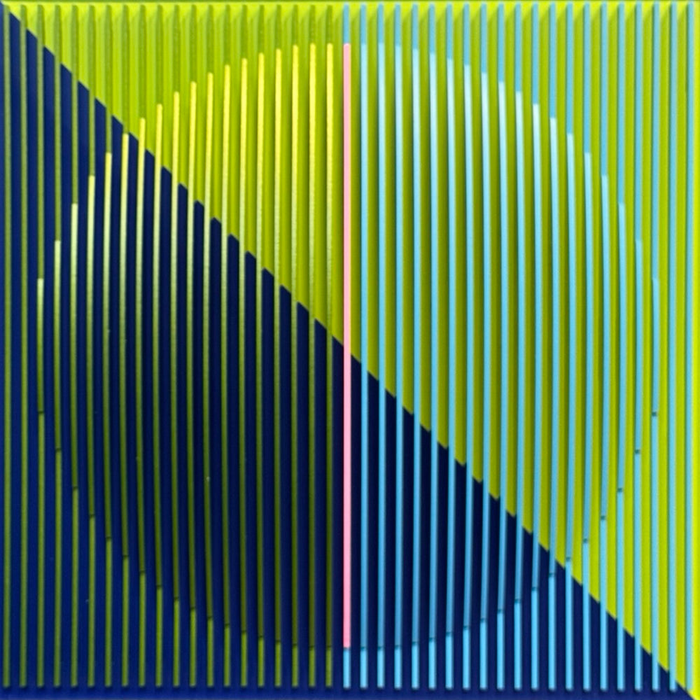 vertical stripes in green and blue with half split background in triangles on green and blue circular shape con-vexing sculptural out of center composition one pink line in middle