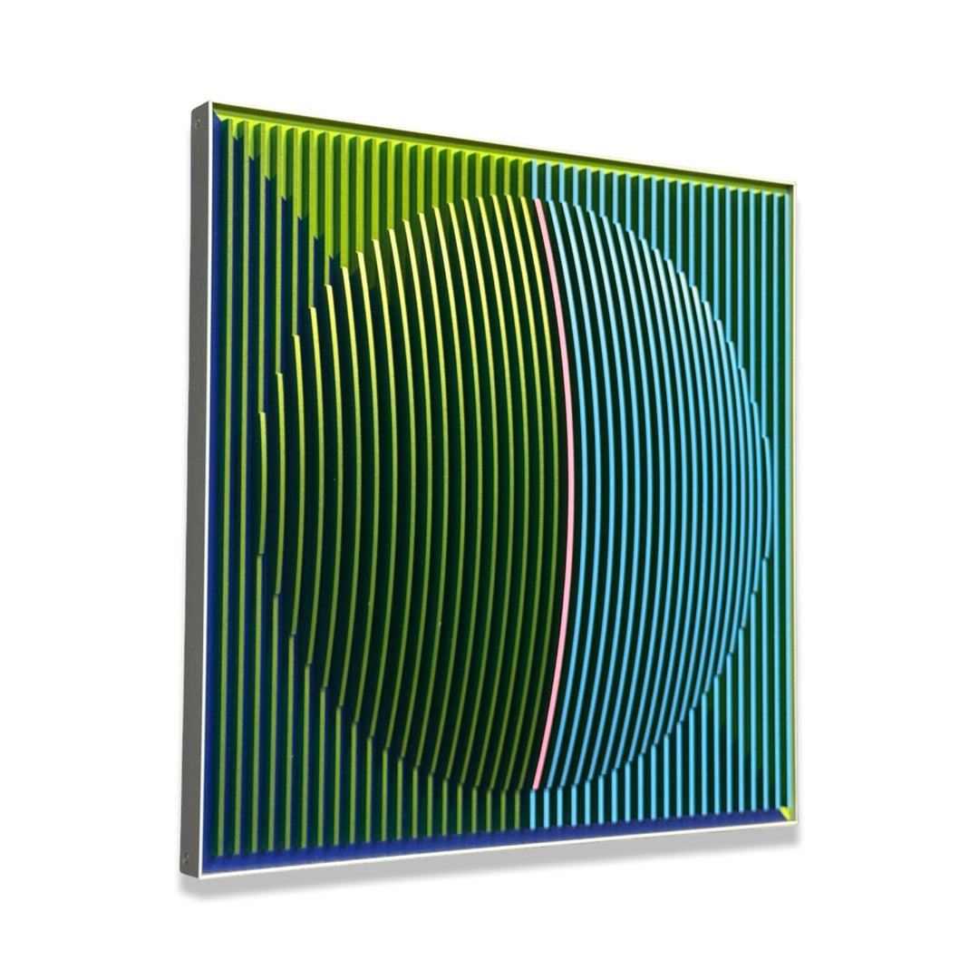 vertical stripes in green and blue with half split background in triangles on green and blue circular shape con-vexing sculptural out of center composition one pink line in middle