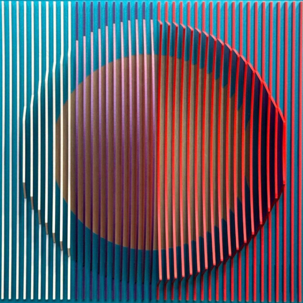 3 dimensional circular shape in center of vertical stripes square composition in red and blue white then when turned to side mostly red emerges optical illusion space color