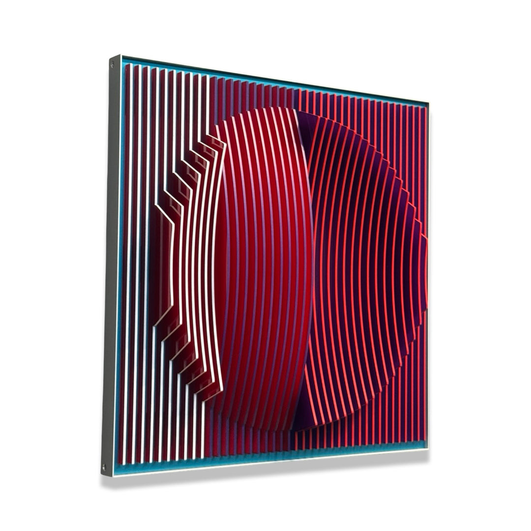 3 dimensional circular shape in center of vertical stripes square composition in red and blue white then when turned to side mostly red emerges optical illusion space color