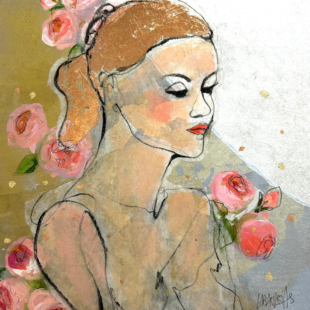 Figurative, Femme, Female Form, Feminine, Gold, Floral, Pink, Roses