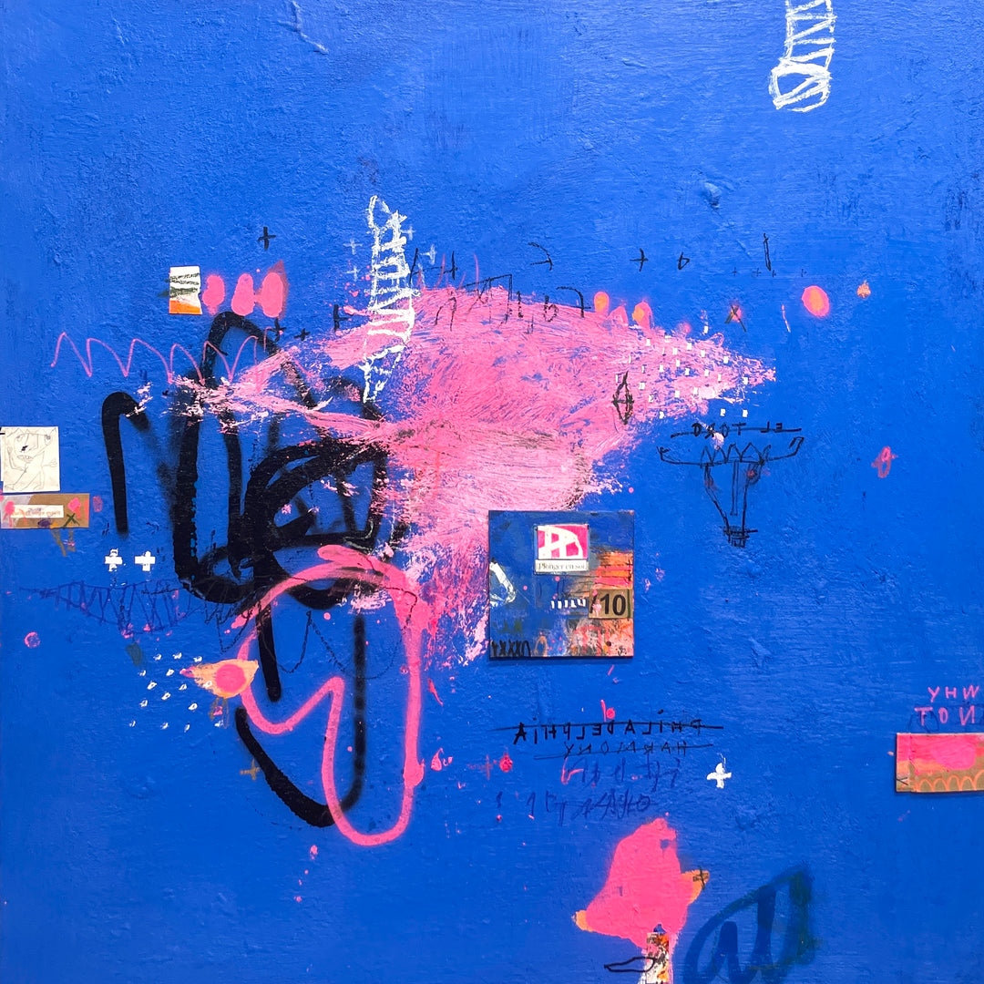 bright royal blue background textured with abstract expressionist doodle drawing in marker and graphite black and pink