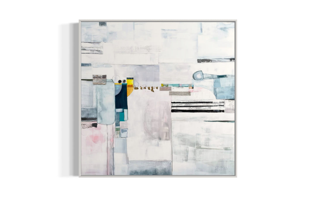 Lau Blou 48" x 48" Paradis blanc white abstract painting, geometric snowy white shapes with some gold leaf, feminine