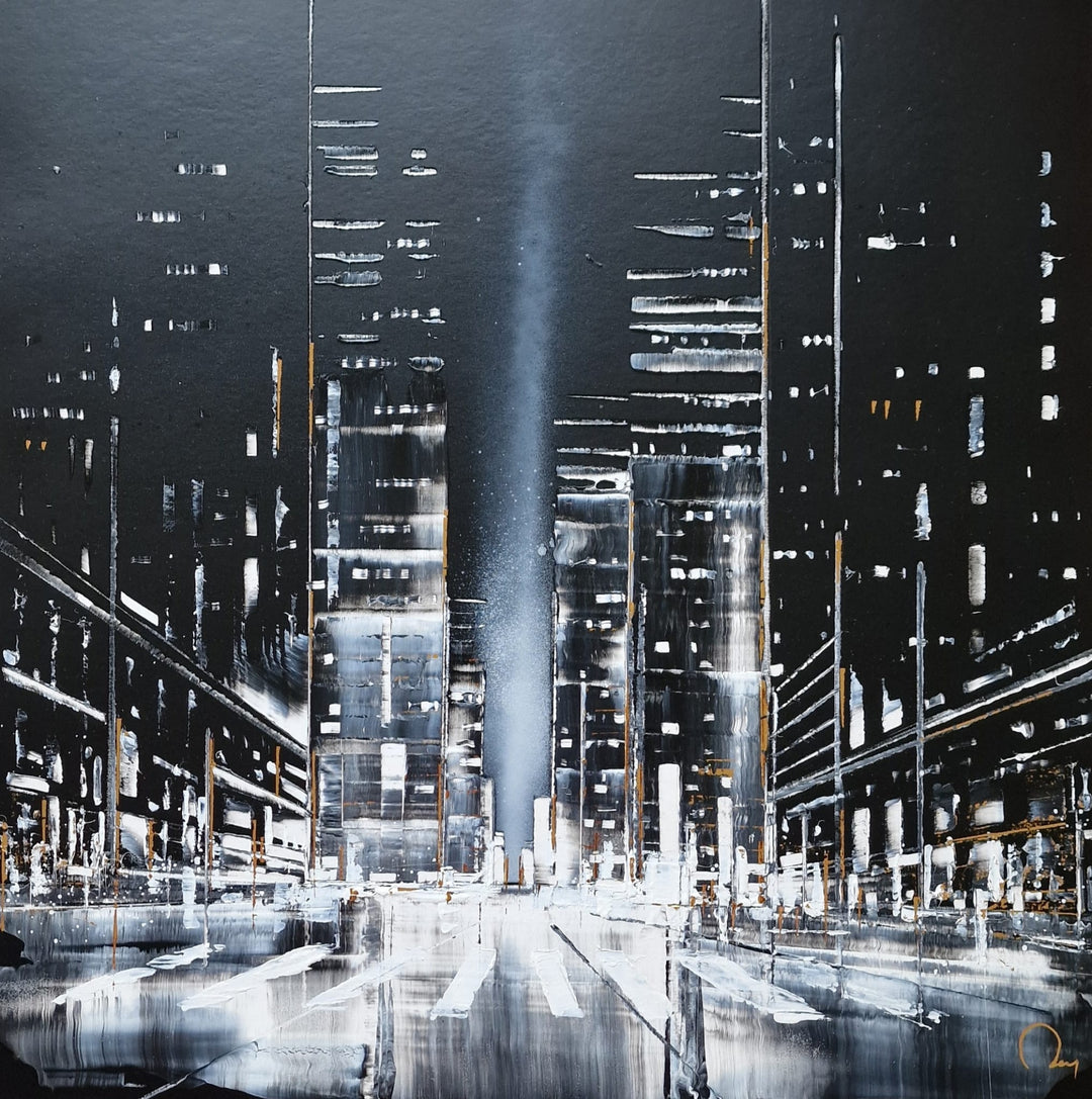 Paradise by Julien Ray shows a city scape scene where the abstract buildings reflect off of the rainy streets. Painted in gold leaf and Chinese lacquer.