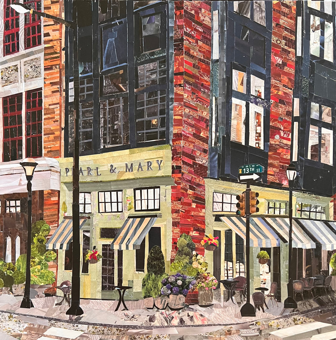 17" x 17" matted torn paper collage artwork by Chrissy McIntyre. Art of Pearl and Mary Oyster Bar in Philadelphia, view of street corner with signs and lampposts, done in yellow, black and red.