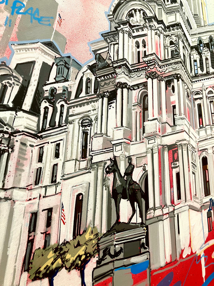 "Penn Square" by Pappay — a vibrant street art-inspired painting on canvas depicting Philadelphia City Hall surrounded by explosive neon pink, blue, and red graffiti lettering reading "Philadelphia," "Penn Square," "July 4," and "USA" against a vivid spray-painted background. A bold, energetic celebration of Philadelphia&