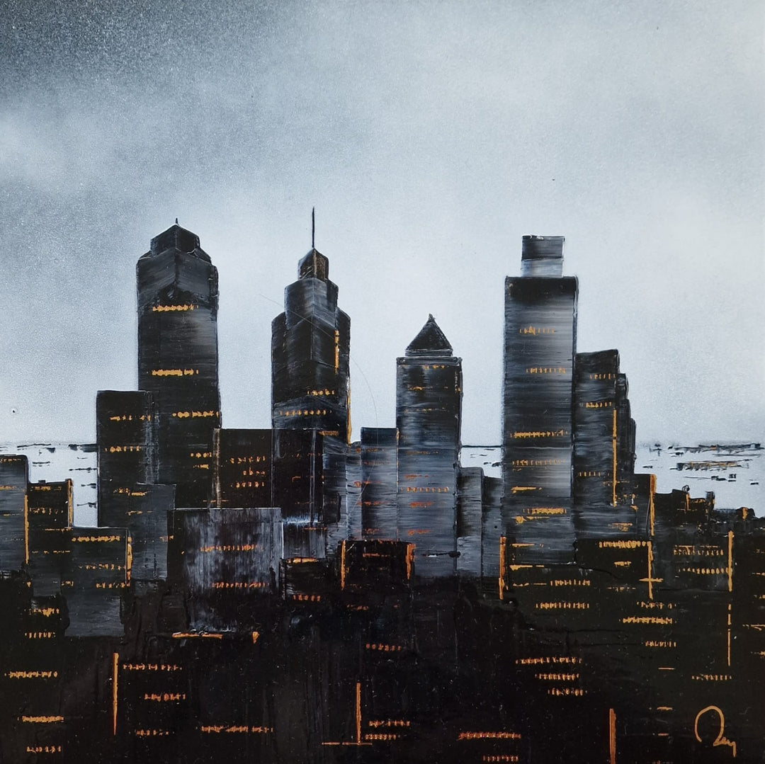 The Philadelphia city skyline painted with black and white Chinese Lacquer and gold leaf by Julien Rey.