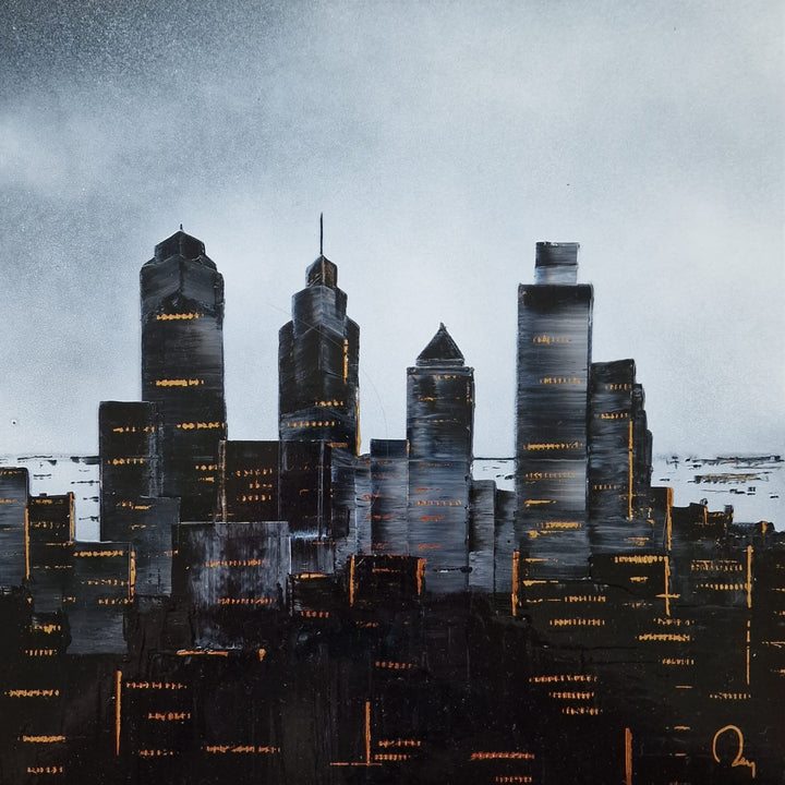 "Philadelphia" by French artist Julien Rey — a mixed-media painting of the Philadelphia skyline crafted with Chinese lacquer and gold leaf on canvas. Iconic skyscrapers including One Liberty Place and the Comcast Center rise dramatically from a densely layered nocturnal cityscape, their windows and facades glinting with gold leaf accents. A brooding silver-gray sky with dark clouds looms above. Original contemporary Philadelphia skyline painting available at Morton Contemporary gallery.
