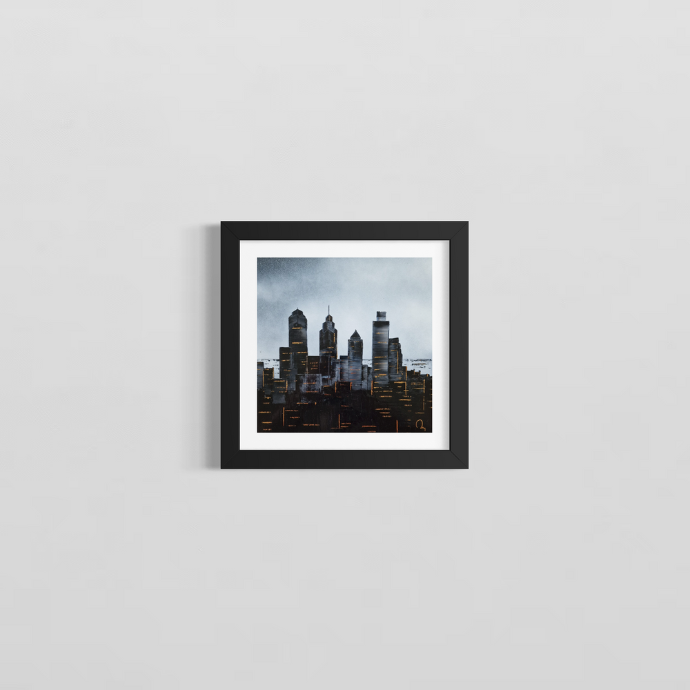 The Philadelphia city skyline painted with black and white Chinese Lacquer and gold leaf by Julien Rey.