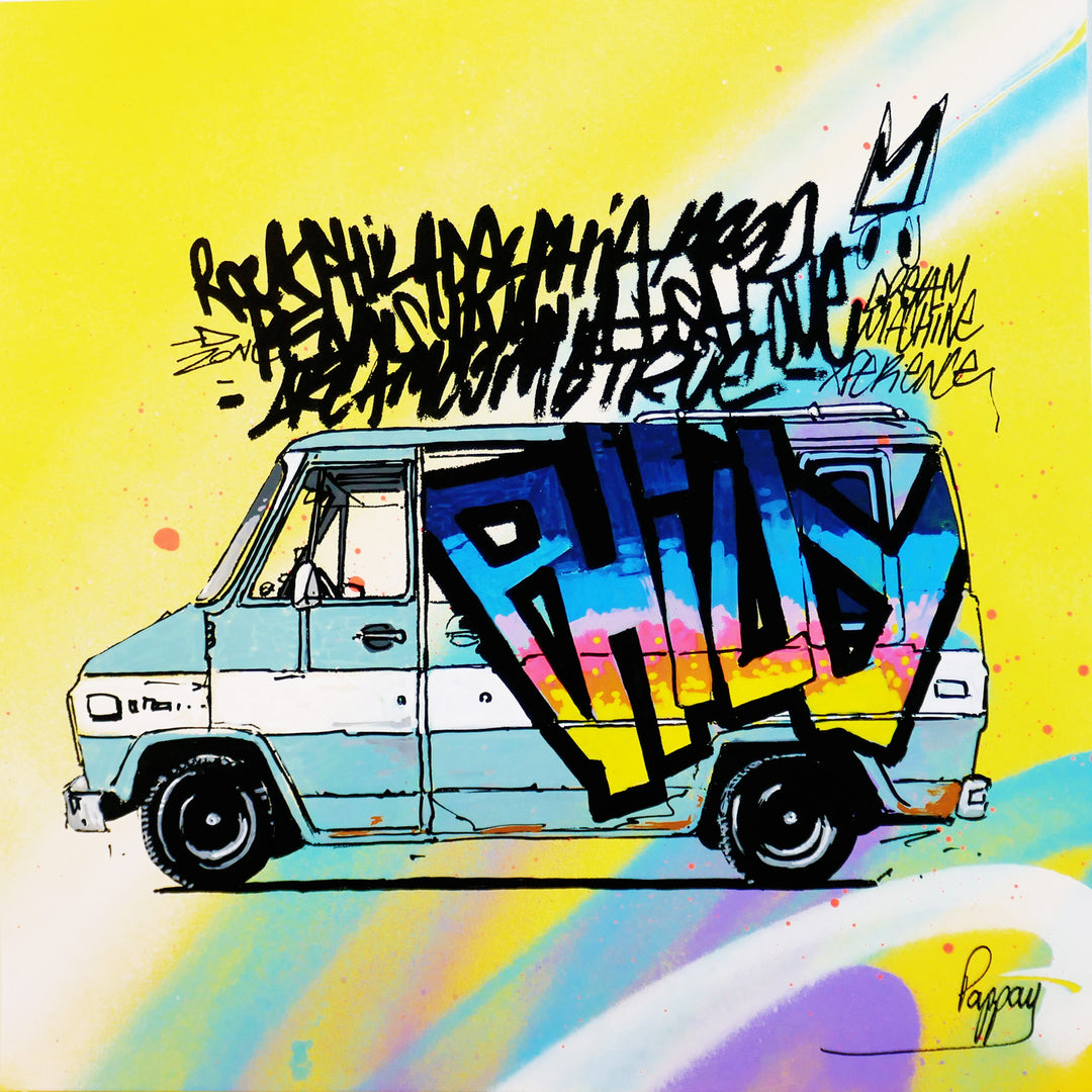 Philly graffiti tag truck spray paint illustration graphic on yellow blue and purple background