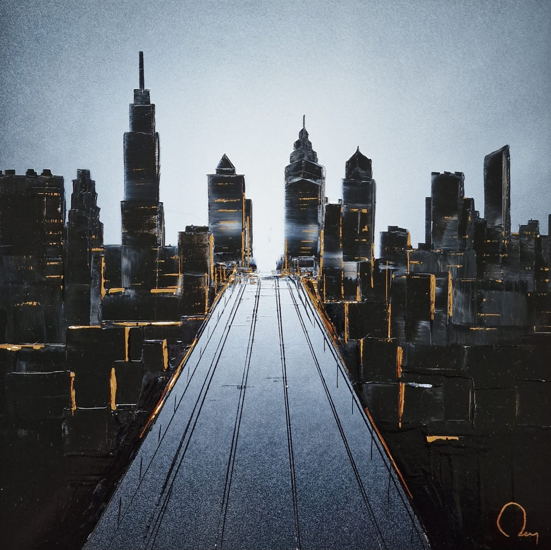 Philadelphia city skyline painted with black and white Chinese Lacquer and gold leaf by Julien Rey in 2026.