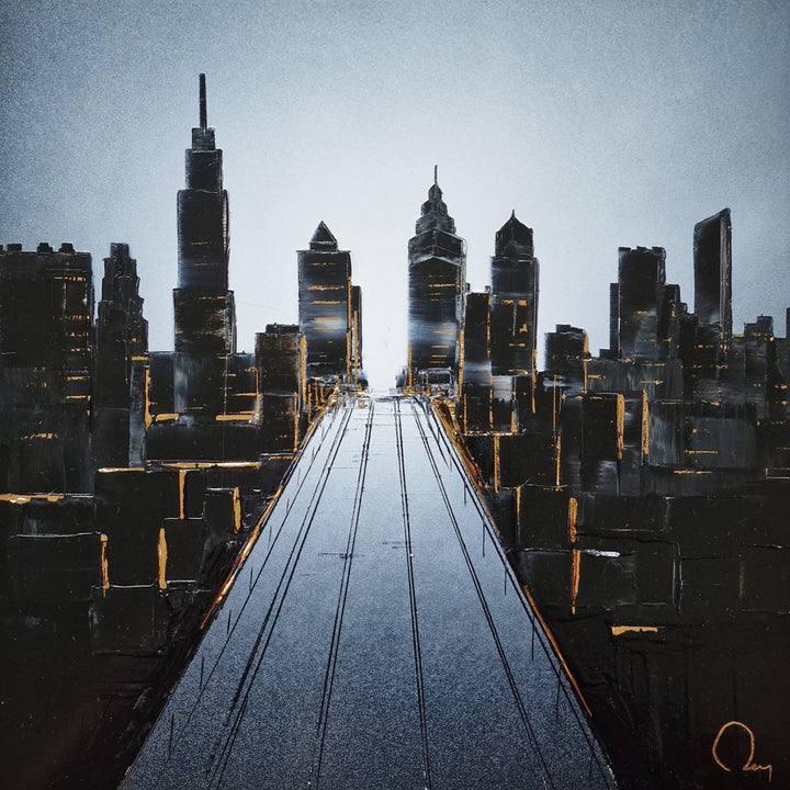 "Philly" by French artist Julien Rey — a mixed-media painting of the Philadelphia skyline crafted with Chinese lacquer and gold leaf on canvas. A dramatic central boulevard with tram tracks leads the eye toward iconic skyscrapers including One Liberty Place, their facades glinting with gold leaf accents against deep black lacquer. A luminous silver-gray sky completes the bold, cinematic composition. Original contemporary Philadelphia cityscape painting available at Morton Contemporary gallery.