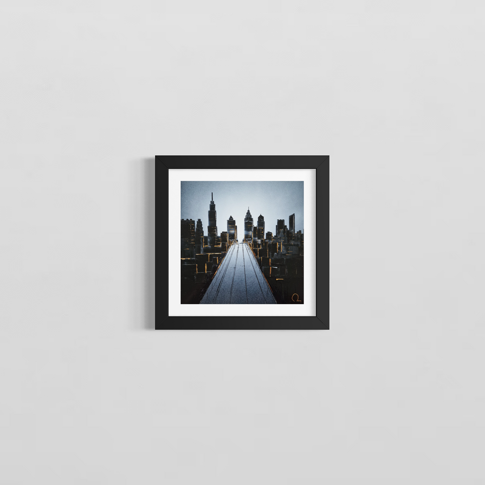 Philadelphia city skyline painted with black and white Chinese Lacquer and gold leaf by Julien Rey in 2026.