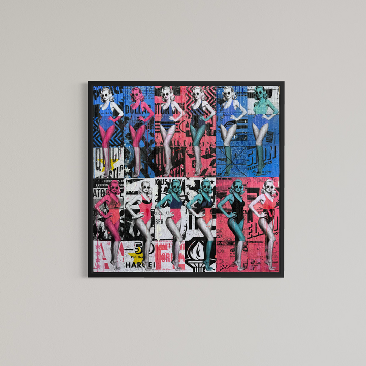 Picture Perfect by Jon Davenport — framed Neo-Pop mixed media collage displayed against a neutral wall, showing the artwork in a black frame