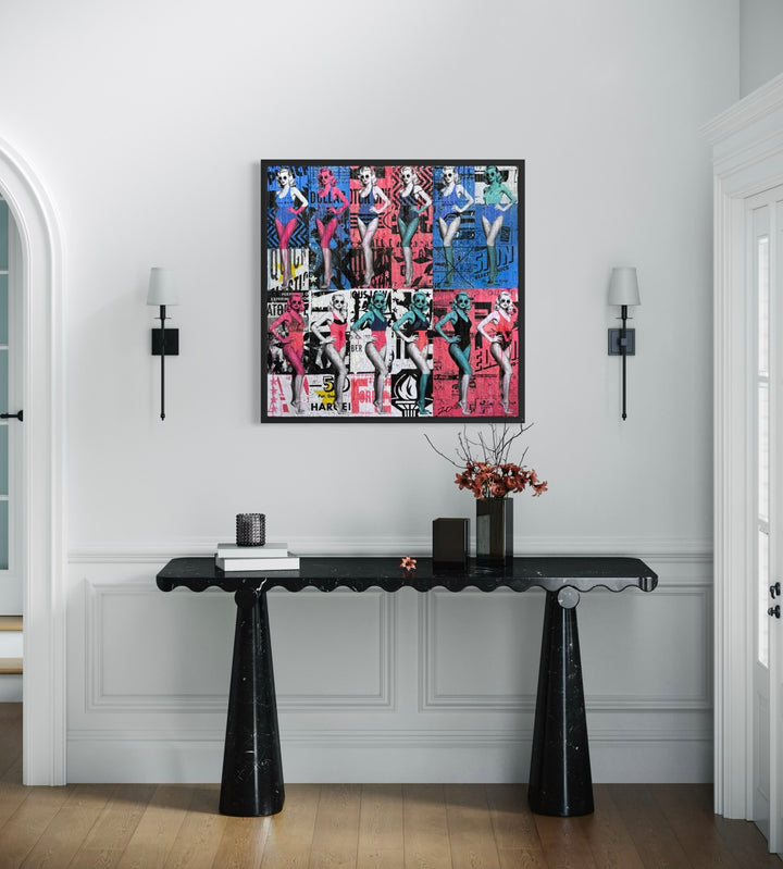Picture Perfect by Jon Davenport — in-situ installation view of Neo-Pop mixed media artwork hung above a console table in a modern interior setting