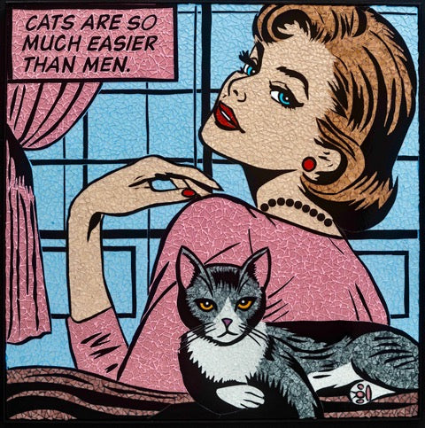 woman in pink with red earrings, lips, and nails looking over shoulder behind cat in grey with pink text bubble in comic book style stained glass mosaic print