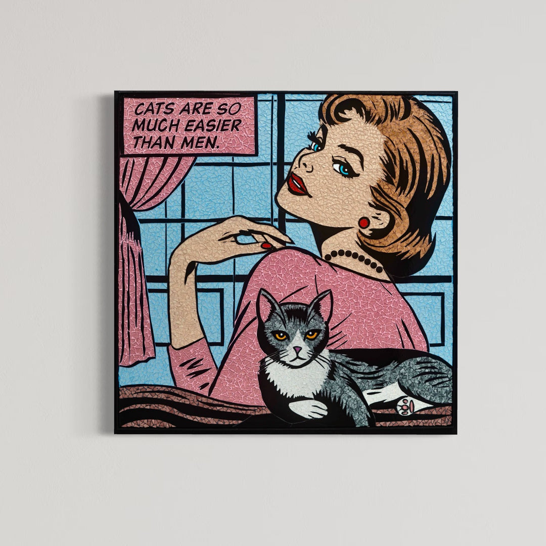 Glass mosaic artwork by Sarah Fishbein of a woman and her cat in the style of a 60s comic. The woman is in light link that matches the speech bubble with a light blue background