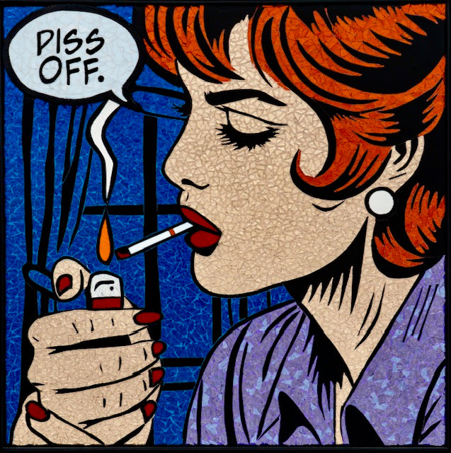 limited edition stain glass mosaic giclee print hand embellished with glitter  text bubble comic style retro vintage woman red short hair lighting cigarette with fame and glitter finger nails on blue background