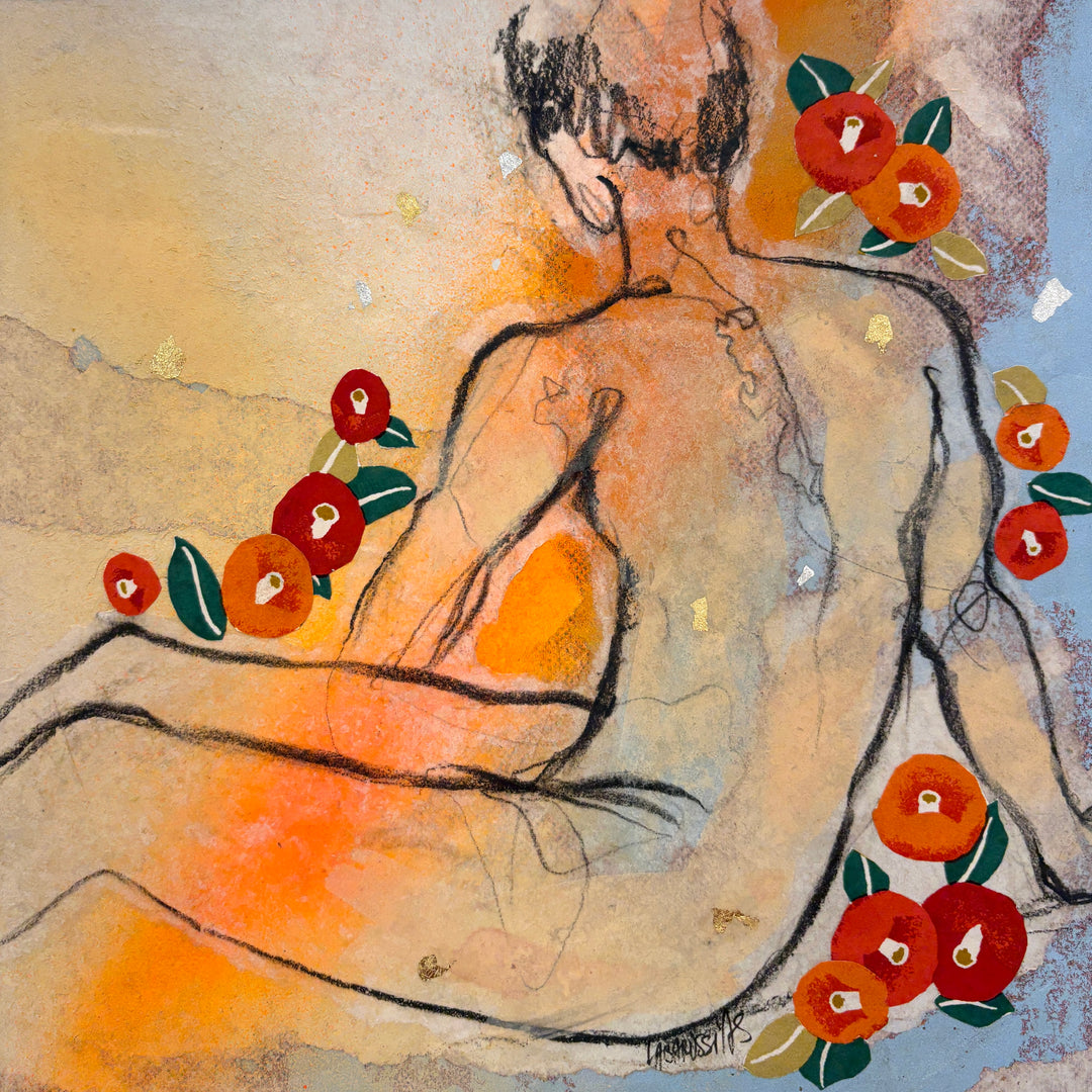 Back view of a male nude in charcoal, gold leaf, and advertising paper. Red and orange flowers surround the figure.