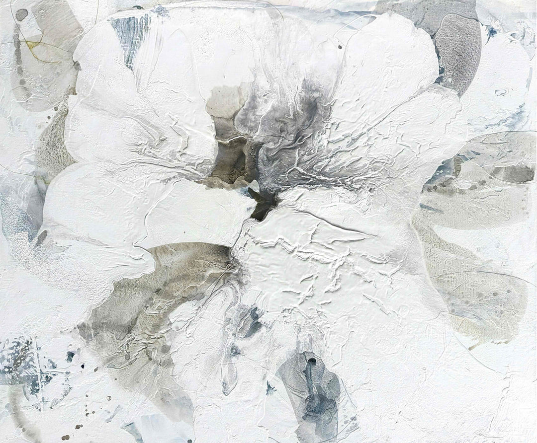 Liz Barber, Poppy 6, acrylic paint, ink, and watercolor on canvas, 72 x 60 inches. Large abstract white flower form with textured layered petals in white, pale gray, and taupe around a dark charcoal center, with gray-blue accents.