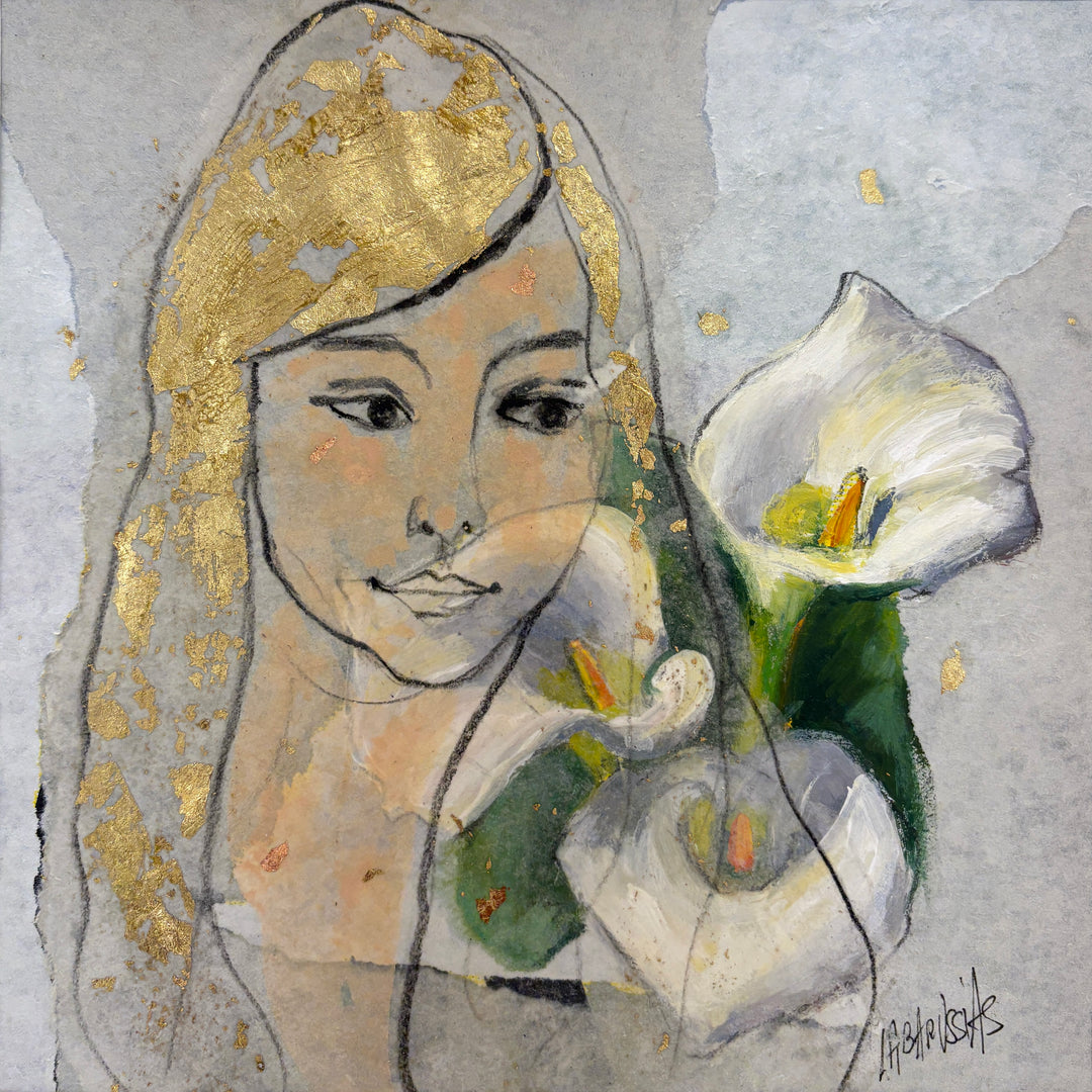 Female portrait made with charcoal, gold leaf, and paper. 3 Callow Lillies are painted over and around the face