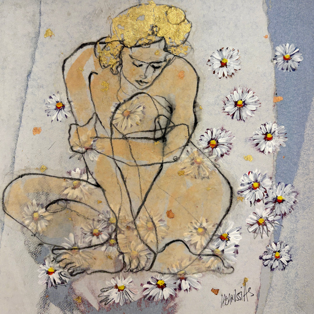 front view of a female figure in charcoal and gold leaf on blue decorative paper with painted white flowers