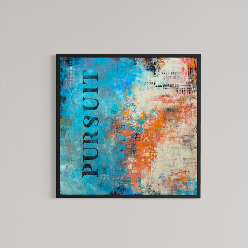 Pursuit Pending by Kym Balthazar — framed abstract mixed media painting in a black frame, displayed against a neutral background