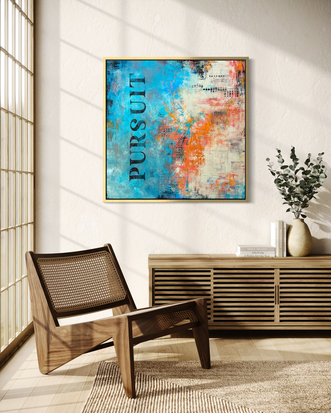 Pursuit Pending by Kym Balthazar — in-situ view of abstract mixed media painting displayed above a rattan chair in a bright modern interior with natural light