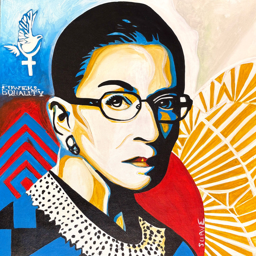 RBG Ruth Bader Ginsburg patriotic red white blue gold figurative pop art portrait with decorative patterns color block 